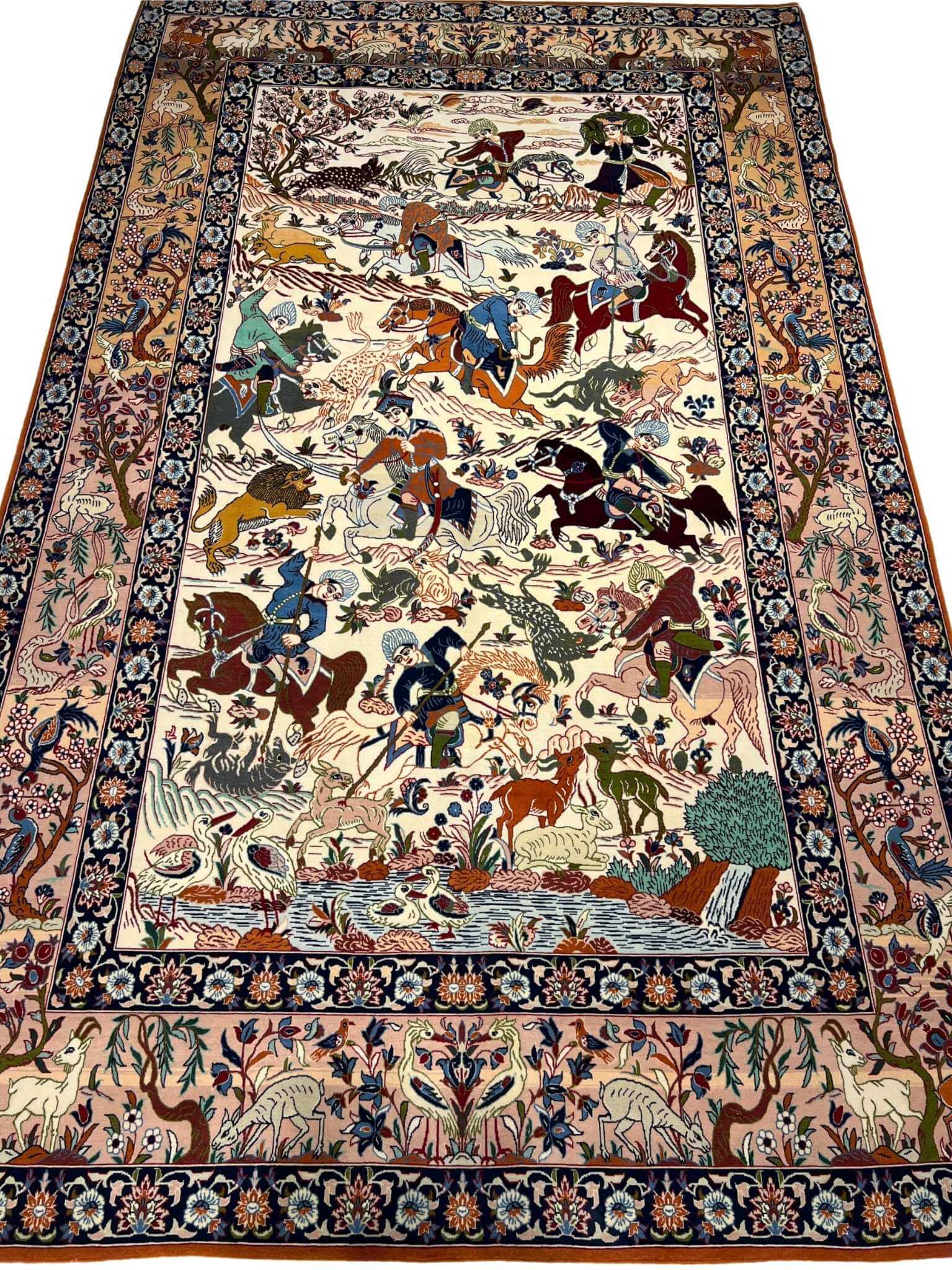 "Hand-knotted Persian Hunting Scene Rug from Isfahan with silk and wool"